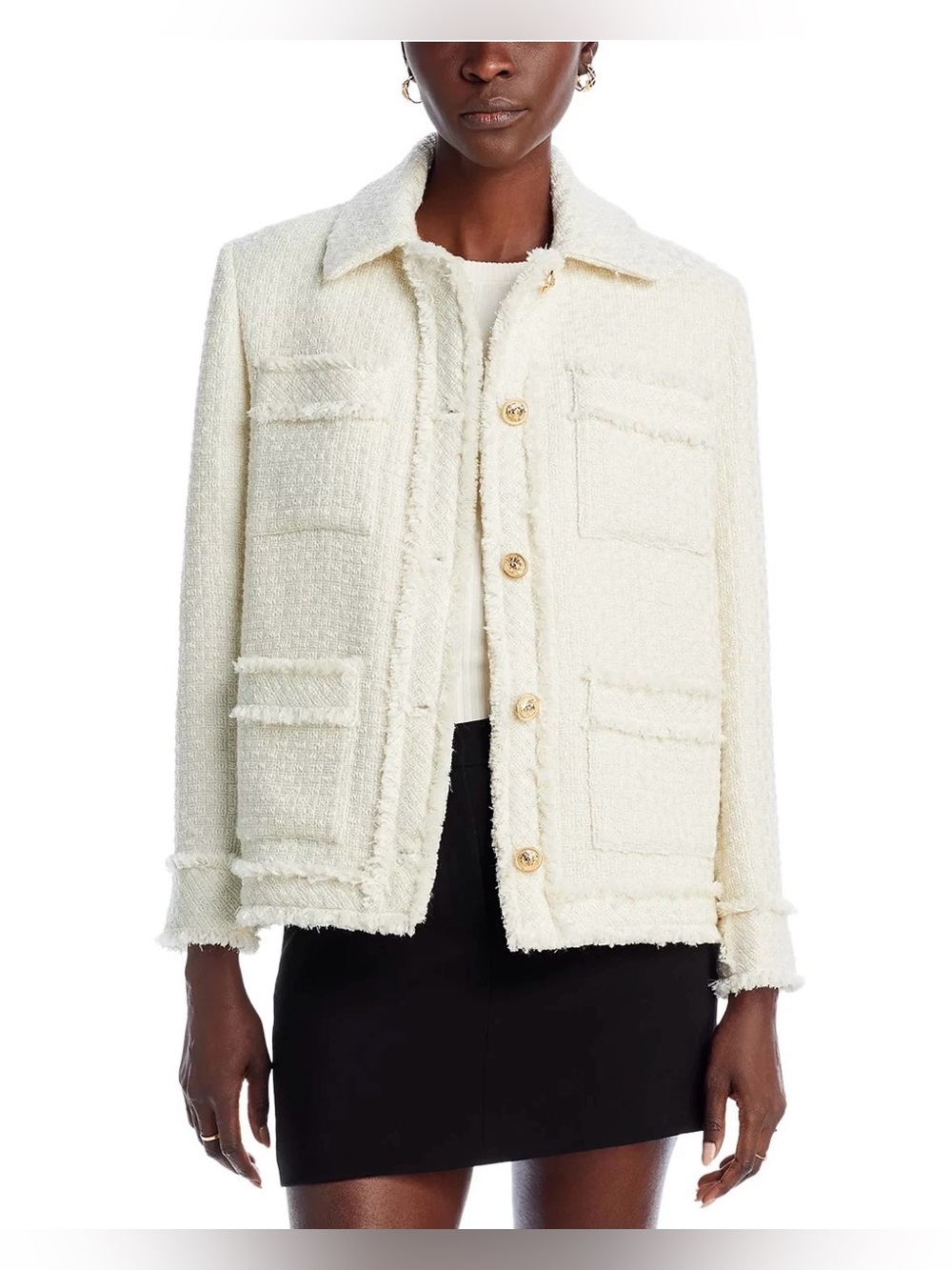 NWT Aqua L107601 Womens Ivory Tweed Collared Patch Pocket Jacket Size M